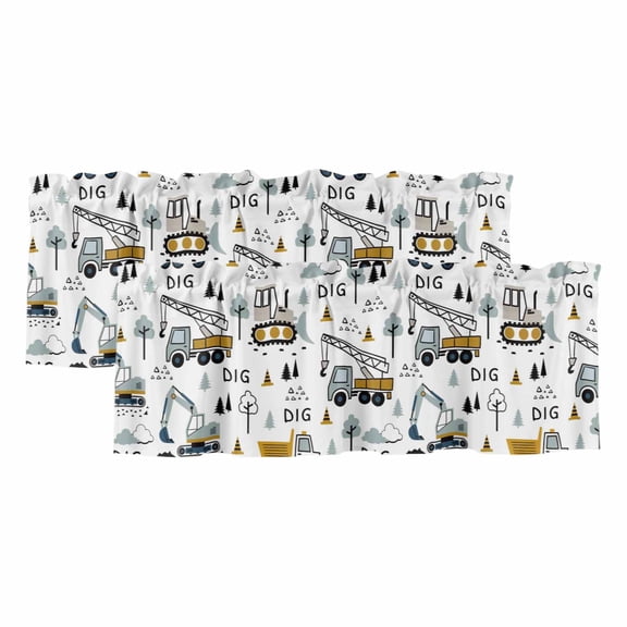 Cartoon Tractor Valances for Windows, Decorative Rod Pocket Window Valance Curtains, Cute Grey Digger Shovel Truck Short Curtain Drapes for Kitchen/Bathroom/Living Room, 2 Panels, 42" W x 18" L