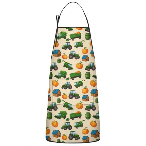 Cartoon Tractors Barns Beige Pattern Apron-Garden Aprons for Women with Pockets-Cotton Linen Waterproof Kitchen Cooking Gardening Aprons Adjustable for Kitchen,Cooking,BBQ and Salon 33x27 Inch