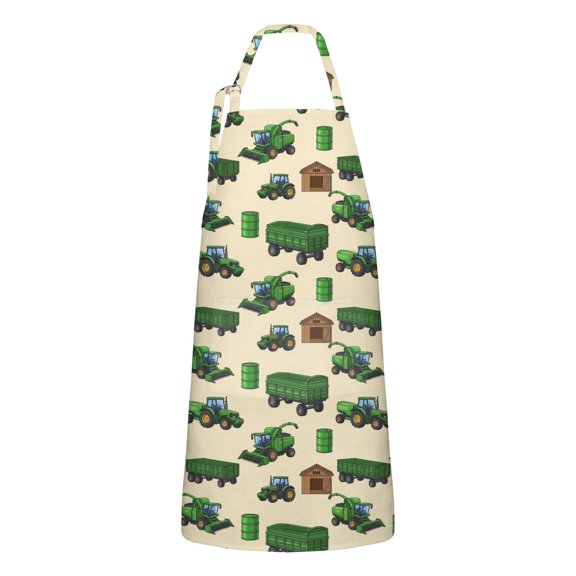 Cartoon Tractors Barns Beige Pattern Apron-Garden Aprons for Women with Pockets-Cotton Linen Waterproof Kitchen Cooking Gardening Aprons Adjustable for Kitchen,Cooking,BBQ and Salon 33x27 Inch
