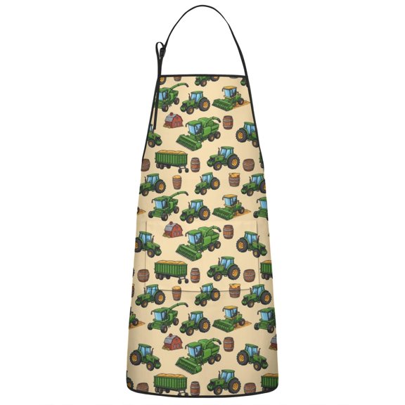 Cartoon Tractors Barns Beige Pattern Apron-Garden Aprons for Women with Pockets-Cotton Linen Waterproof Kitchen Cooking Gardening Aprons Adjustable for Kitchen,Cooking,BBQ and Salon 33x27 Inch