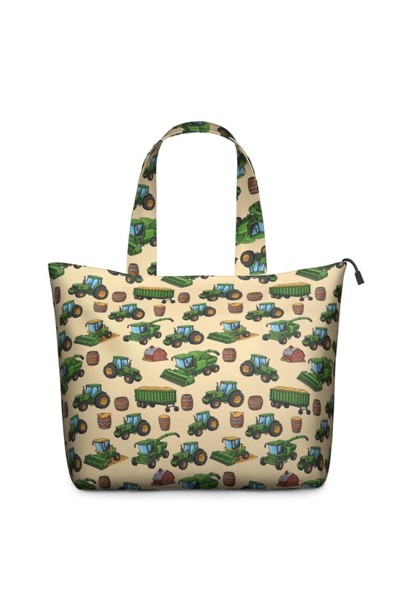 Cartoon Tractors Barns Beige Pattern Travel Tote Bags for Women Carry On,Large Weekender Bags for Women Travel,Multi Functional Duffle Bag for Work,Shopping,Sports