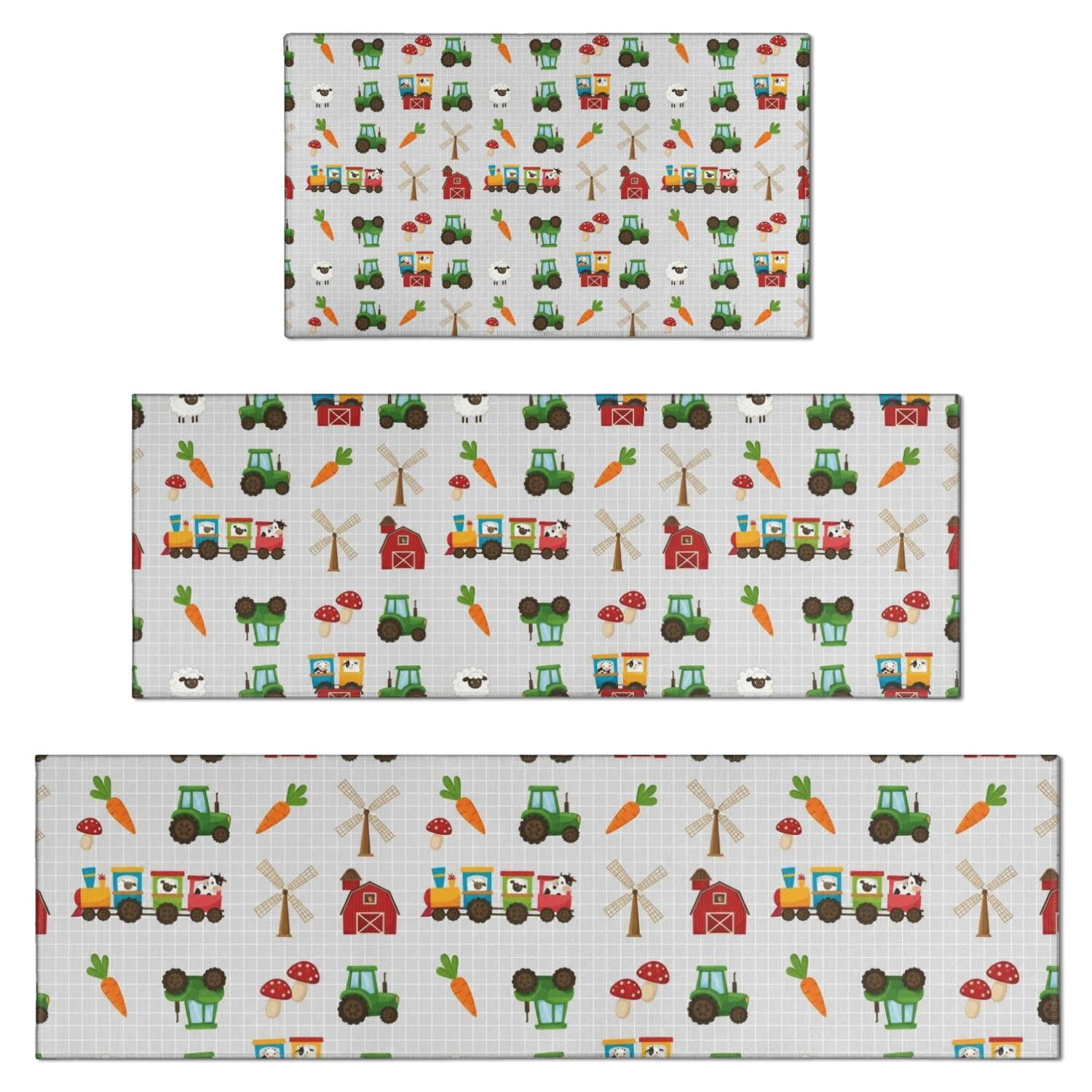 Cartoon Tractors Carrots Gray Pattern Kitchen Rugs Sets Of 3,Kitchen ...