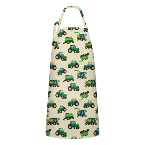Cartoon Tractors Combines Beige Pattern Apron-Garden Aprons for Women with Pockets-Cotton Linen Waterproof Kitchen Cooking Gardening Aprons Adjustable for Kitchen,Cooking,BBQ and Salon 33x27 Inch