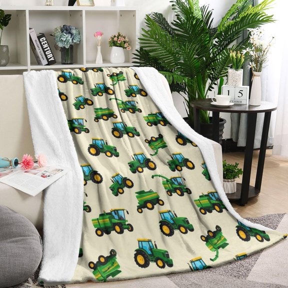 Cartoon Tractors Combines Beige Pattern Blanket,Comfortable Soft Flannel Throw Blanket,All Season,Warm Lightweight Blankets for Sofa Bed Couch Living Room Chair,60"x80"
