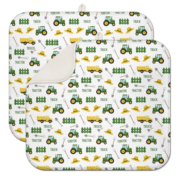 Cartoon Tractors Fences White Pattern Dish Drying Mat for Kitchen 1 Pack, Ultra Absorbent Microfiber Dishes Drainer Mats,16"x18"
