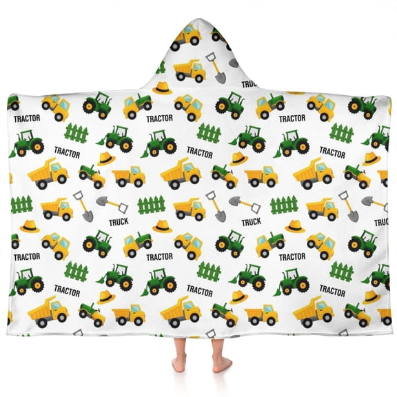Cartoon Tractors Fences White Pattern Hooded Bath Towel,60"x35" for Ages 3 To 12 Kids, Quick Dry Lightweight Soft Microfiber Hood Beach Towel Cover Up for Kids