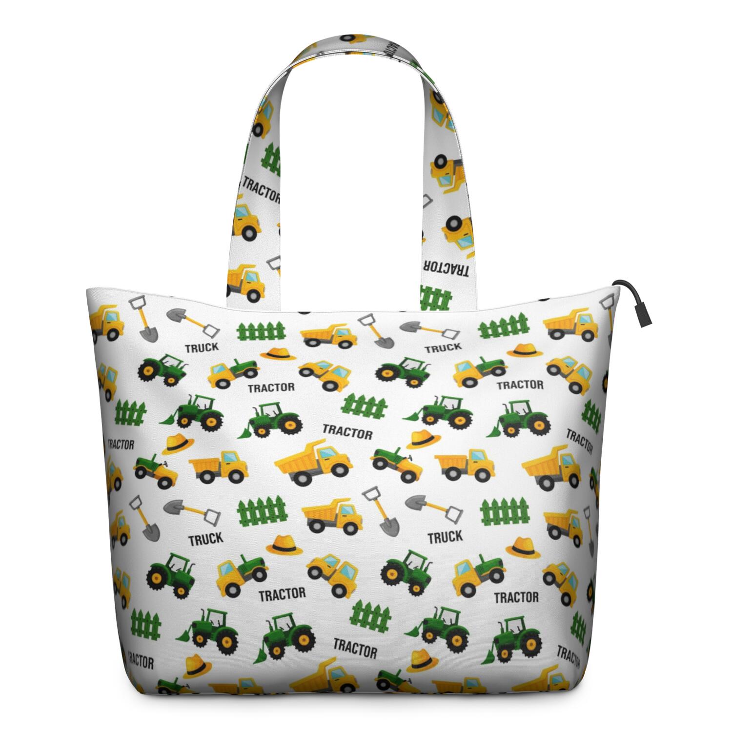 Cartoon Tractors Fences White Pattern Travel Tote Bags for Women Carry On,Large Weekender Bags for Women Travel,Multi Functional Duffle Bag for Work,Shopping,Sports