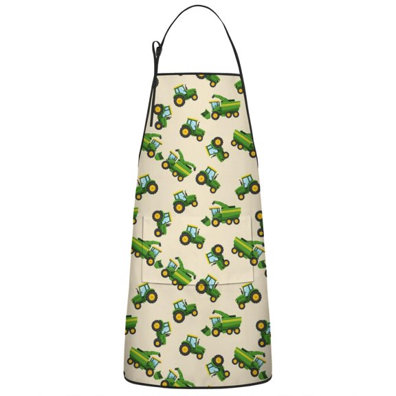 Cartoon Tractors Green Beige Pattern Apron-Garden Aprons for Women with Pockets-Cotton Linen Waterproof Kitchen Cooking Gardening Aprons Adjustable for Kitchen,Cooking,BBQ and Salon 33x27 Inch