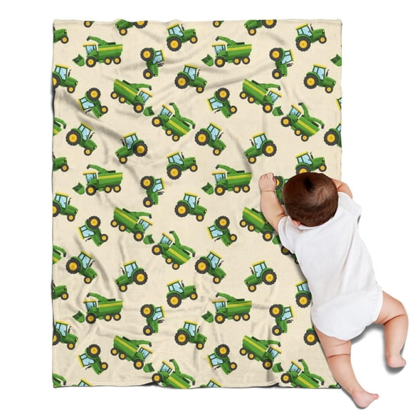 Cartoon Tractors Green Beige Pattern Blanket,Comfortable Soft Flannel Throw Blanket,All Season,Warm Lightweight Blankets for Sofa Bed Couch Living Room Chair,30"x40"