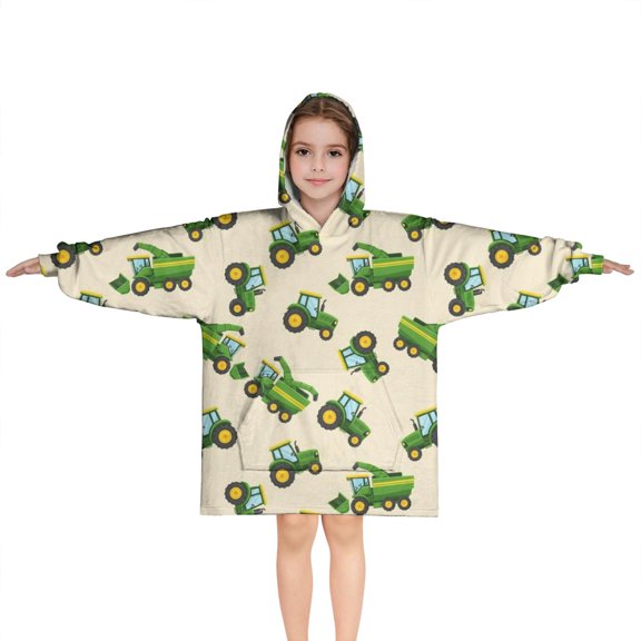 Cartoon Tractors Green Beige Pattern Blanket Hoodies for Kids 6-13YR Oversize Wearable Blanket Hoodies for Boys Girls Teens