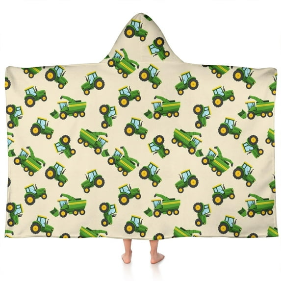 Cartoon Tractors Green Beige Pattern Hooded Bath Towel,60"x35" for Ages 3 To 12 Kids, Quick Dry Lightweight Soft Microfiber Hood Beach Towel Cover Up for Kids