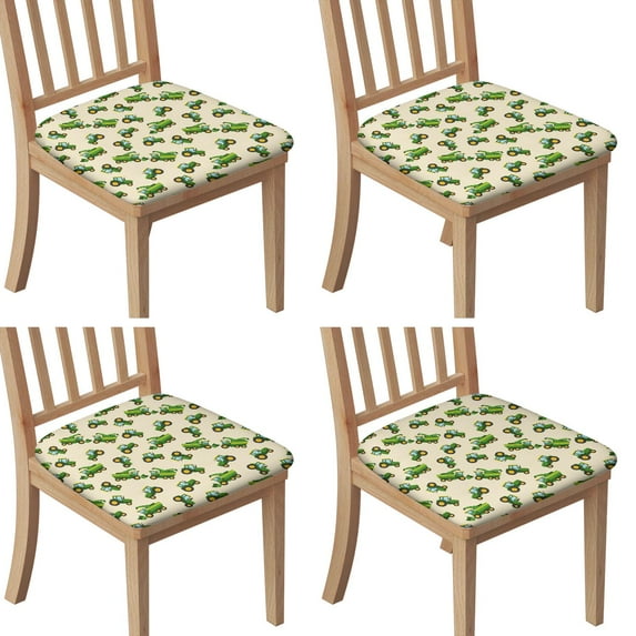 Cartoon Tractors Green Beige Pattern Seat Covers for Dining Room Chairs Set Of 4,Stretch Printed Washable Chair Seat Cover with Elastic Ties and Button,Removable Waterproof Couch Cushion Covers