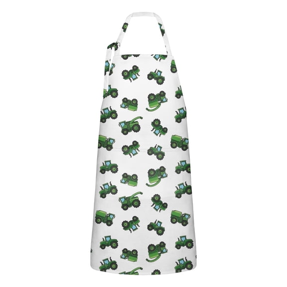 Cartoon Tractors Green White Pattern Apron-Garden Aprons for Women with Pockets-Cotton Linen Waterproof Kitchen Cooking Gardening Aprons Adjustable for Kitchen,Cooking,BBQ and Salon 33x27 Inch