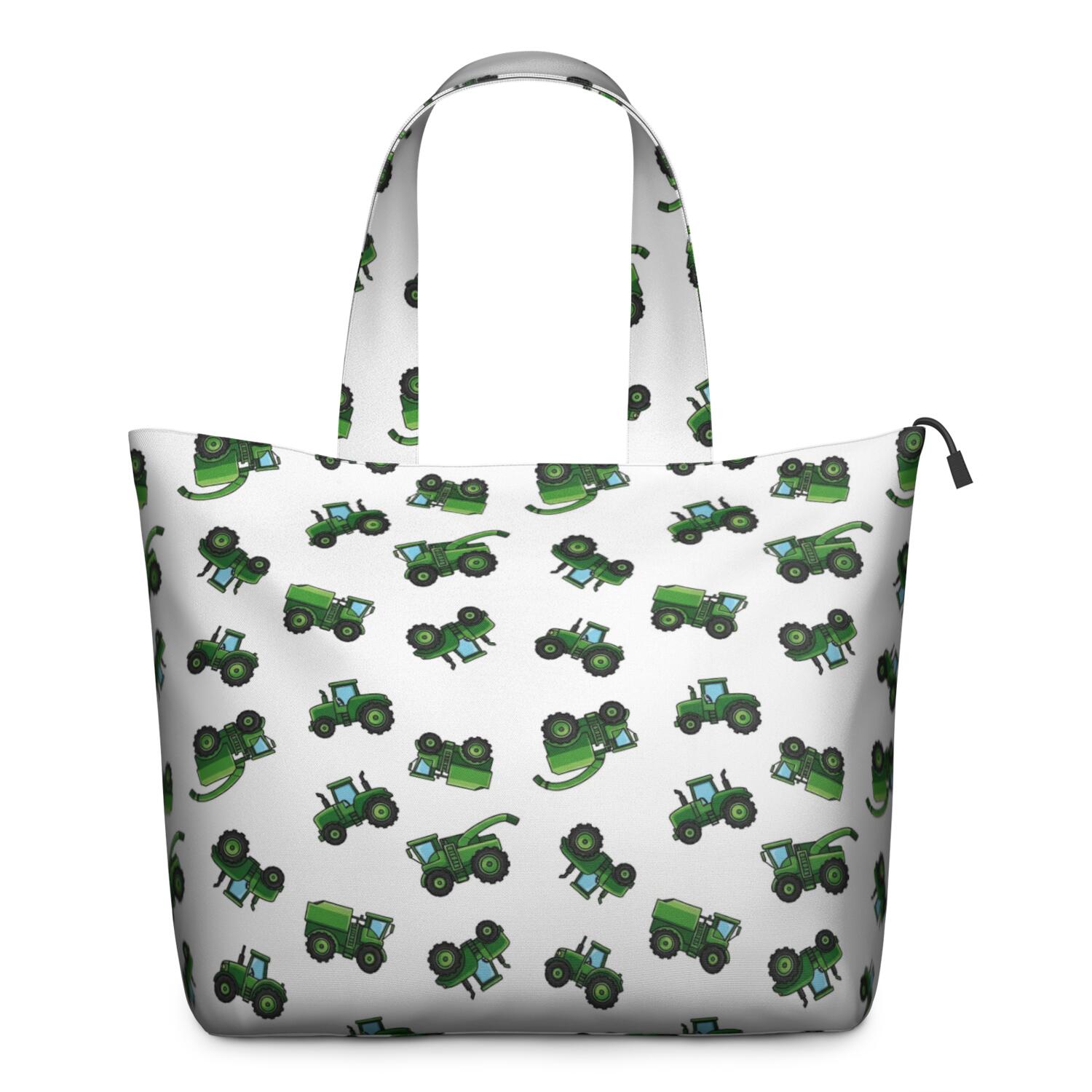 Cartoon Tractors Green White Pattern Travel Tote Bags for Women Carry On,Large Weekender Bags for Women Travel,Multi Functional Duffle Bag for Work,Shopping,Sports