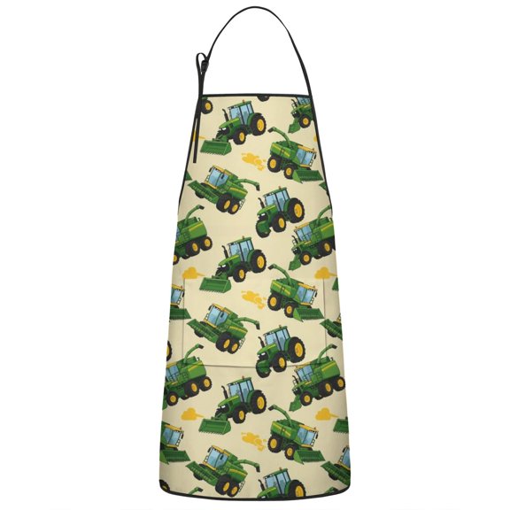 Cartoon Tractors Harvesters Beige Pattern Apron-Garden Aprons for Women with Pockets-Cotton Linen Waterproof Kitchen Cooking Gardening Aprons Adjustable for Kitchen,Cooking,BBQ and Salon 33x27 Inch