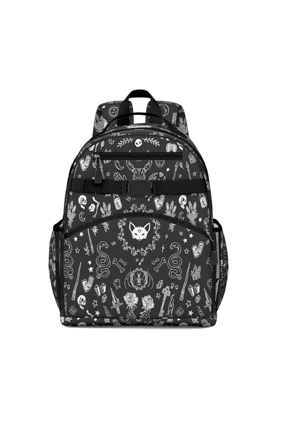 Black Gothic Skull Cat Pattern Backpack for School,Cute School Bag,Schoolbag with Adjustable Shoulder Straps & Padded Back,15.25"x11.5"x5.25"