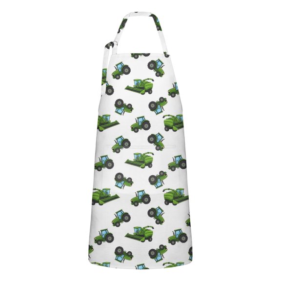 Cartoon Tractors Harvesters White Pattern Apron-Garden Aprons for Women with Pockets-Cotton Linen Waterproof Kitchen Cooking Gardening Aprons Adjustable for Kitchen,Cooking,BBQ and Salon 33x27 Inch
