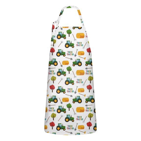 Cartoon Tractors Hay Bales White Pattern Apron-Garden Aprons for Women with Pockets-Cotton Linen Waterproof Kitchen Cooking Gardening Aprons Adjustable for Kitchen,Cooking,BBQ and Salon 33x27 Inch