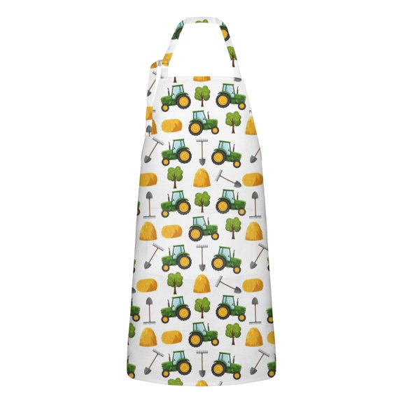 Cartoon Tractors Hay Bales White Pattern Apron-Garden Aprons for Women with Pockets-Cotton Linen Waterproof Kitchen Cooking Gardening Aprons Adjustable for Kitchen,Cooking,BBQ and Salon 33x27 Inch