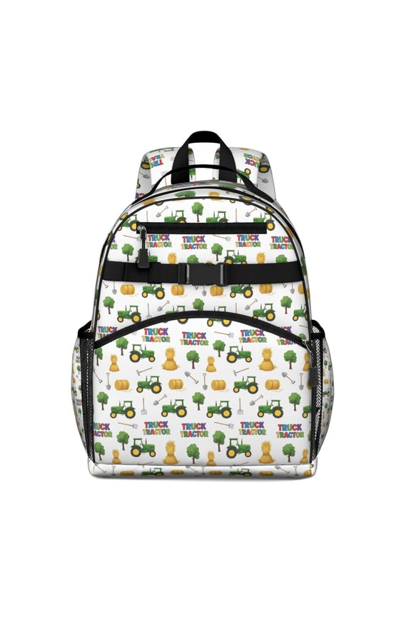 Cartoon Tractors Hay Bales White Pattern Backpack for School,Cute School Bag,Schoolbag with Adjustable Shoulder Straps & Padded Back,15.25"x11.5"x5.25"