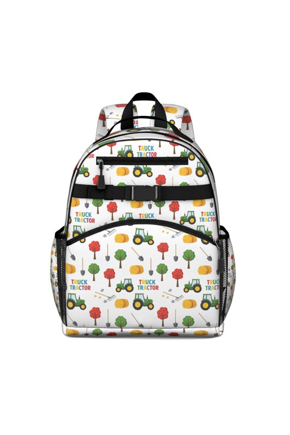 Cartoon Tractors Hay Bales White Pattern Backpack for School,Cute School Bag,Schoolbag with Adjustable Shoulder Straps & Padded Back,15.25"x11.5"x5.25"