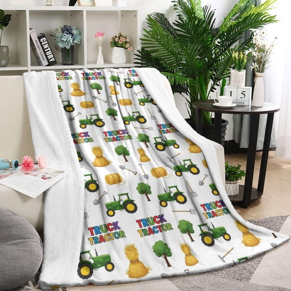 Cartoon Tractors Hay Bales White Pattern Blanket,Comfortable Soft Lamb Wool Throw Blanket,All Season,Warm Lightweight Blankets for Sofa Bed Couch Living Room Chair,40"x50"