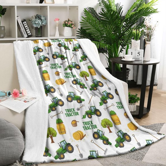 Cartoon Tractors Hay Bales White Pattern Blanket,Comfortable Soft Lamb Wool Throw Blanket,All Season,Warm Lightweight Blankets for Sofa Bed Couch Living Room Chair,50"x60"