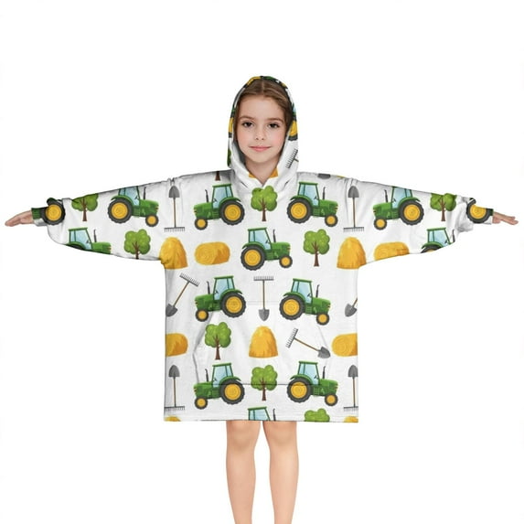 Cartoon Tractors Hay Bales White Pattern Blanket Hoodies for Kids 6-13YR Oversize Wearable Blanket Hoodies for Boys Girls Teens