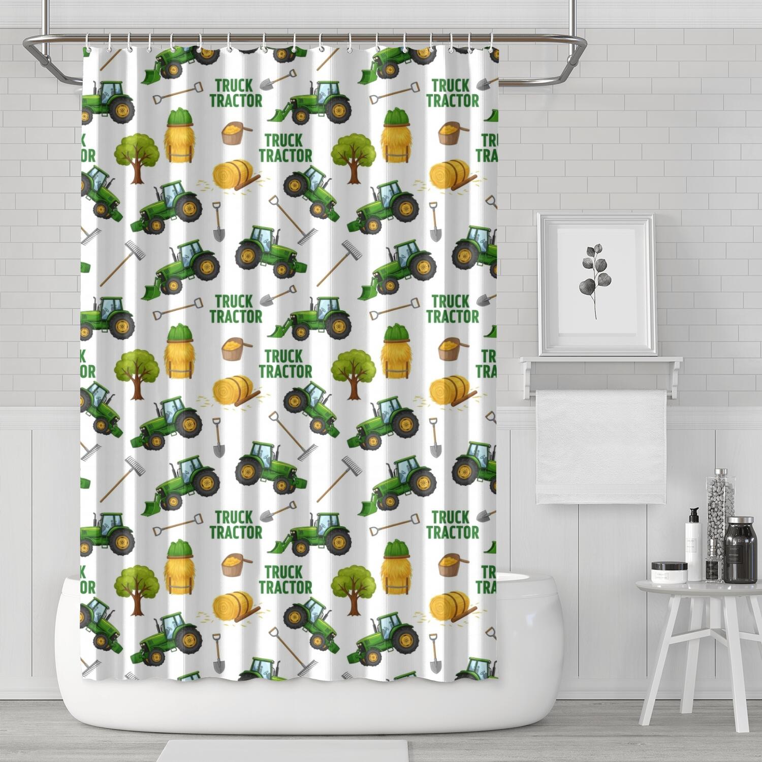 Cartoon Tractors Hay Bales White Pattern Shower Curtain 72"x72