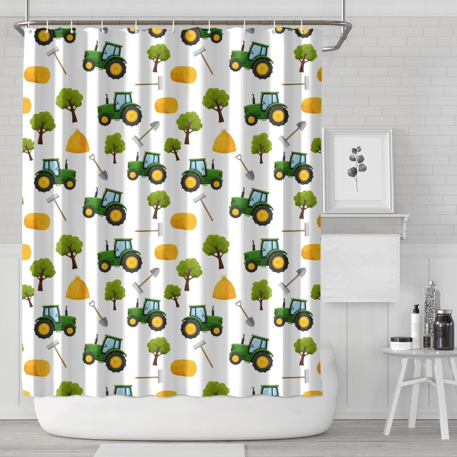 Cartoon Tractors Hay Bales White Pattern Shower Curtain 84"x72