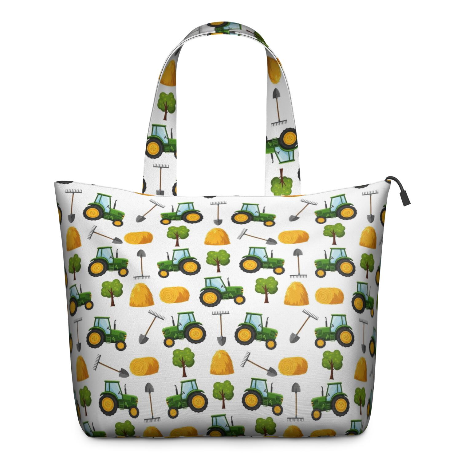 Cartoon Tractors Hay Bales White Pattern Travel Tote Bags for Women Carry On,Large Weekender Bags for Women Travel,Multi Functional Duffle Bag for Work,Shopping,Sports