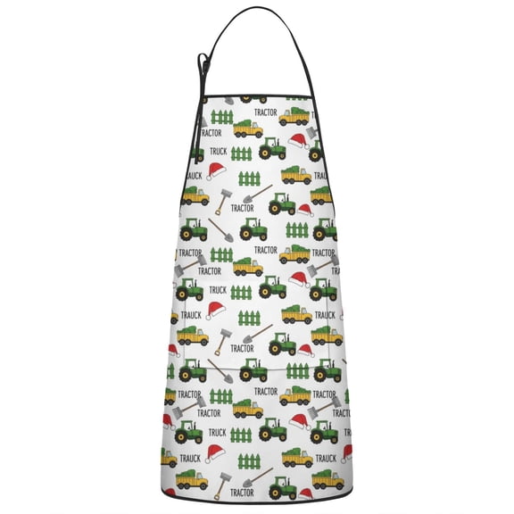 Cartoon Tractors Santa Hats White Pattern Apron-Garden Aprons for Women with Pockets-Cotton Linen Waterproof Kitchen Cooking Gardening Aprons Adjustable for Kitchen,Cooking,BBQ and Salon 33x27 Inch