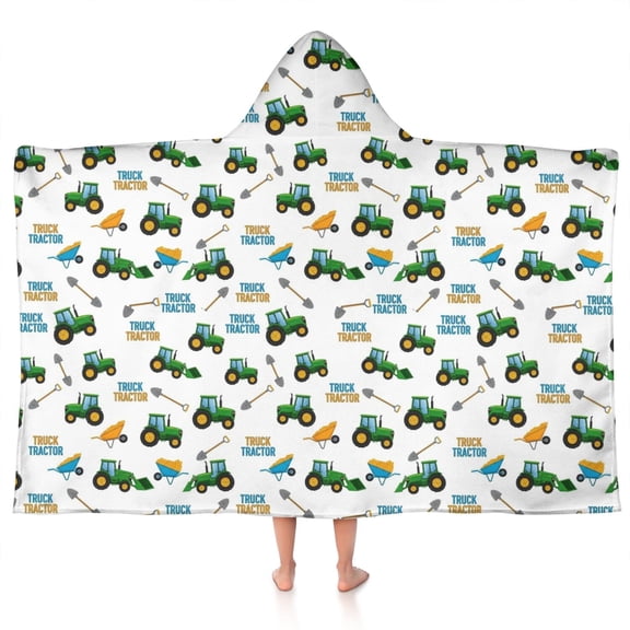 Cartoon Tractors Shovels White Pattern Hooded Bath Towel,50"x30" for Ages 3 To 12 Kids, Quick Dry Lightweight Soft Microfiber Hood Beach Towel Cover Up for Kids