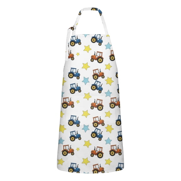 Cartoon Tractors Stars White Pattern Apron-Garden Aprons for Women with Pockets-Cotton Linen Waterproof Kitchen Cooking Gardening Aprons Adjustable for Kitchen,Cooking,BBQ and Salon 33x27 Inch