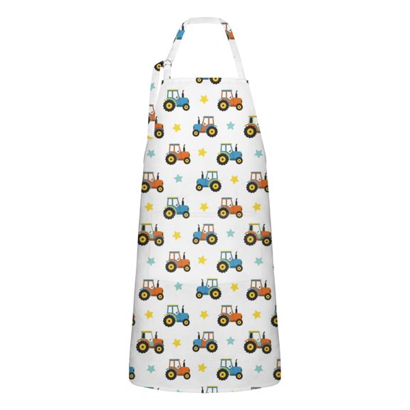 Cartoon Tractors Stars White Pattern Apron-Garden Aprons for Women with Pockets-Cotton Linen Waterproof Kitchen Cooking Gardening Aprons Adjustable for Kitchen,Cooking,BBQ and Salon 33x27 Inch