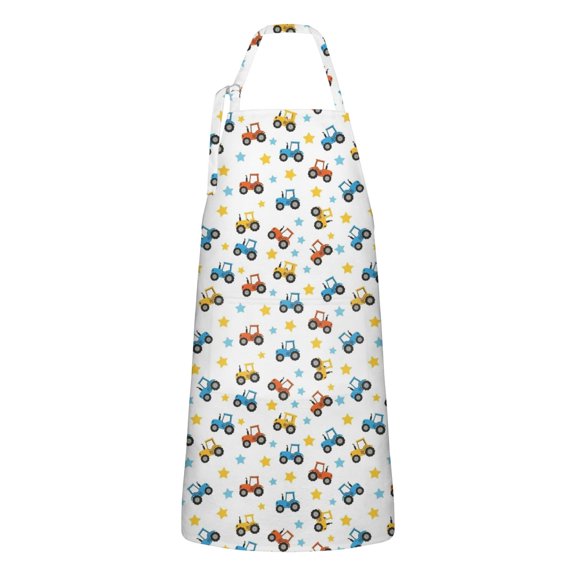Cartoon Tractors Stars White Pattern Apron-Garden Aprons for Women with Pockets-Cotton Linen Waterproof Kitchen Cooking Gardening Aprons Adjustable for Kitchen,Cooking,BBQ and Salon 33x27 Inch
