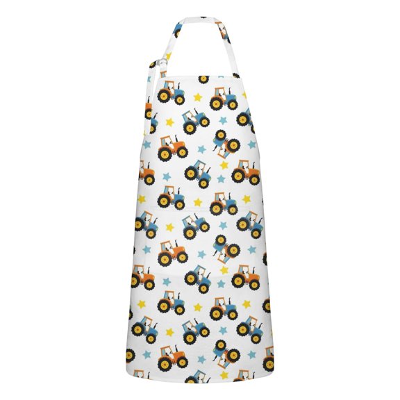 Cartoon Tractors Stars White Pattern Apron-Garden Aprons for Women with Pockets-Cotton Linen Waterproof Kitchen Cooking Gardening Aprons Adjustable for Kitchen,Cooking,BBQ and Salon 33x27 Inch