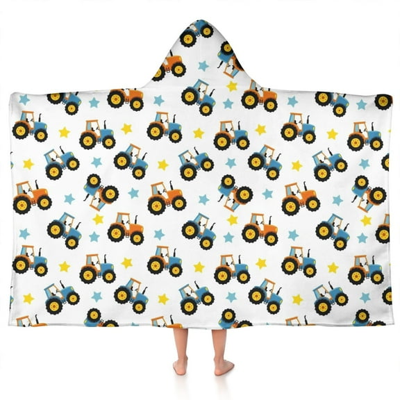 Cartoon Tractors Stars White Pattern Hooded Bath Towel，50"x30" for Ages 3 To 12 Kids, Quick Dry Lightweight Soft Microfiber Hood Beach Towel Cover Up for Kids