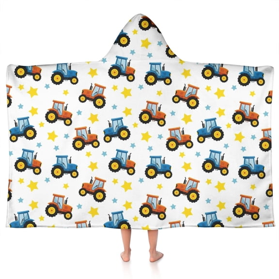 Cartoon Tractors Stars White Pattern Hooded Bath Towel,50"x30" for Ages 3 To 12 Kids, Quick Dry Lightweight Soft Microfiber Hood Beach Towel Cover Up for Kids