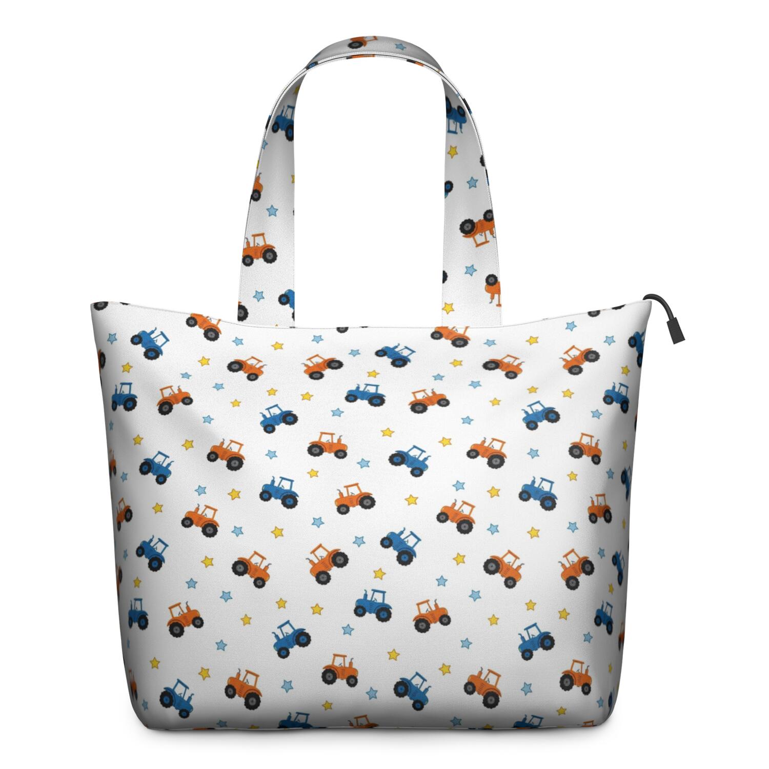 Cartoon Tractors Stars White Pattern Travel Tote Bags for Women Carry On,Large Weekender Bags for Women Travel,Multi Functional Duffle Bag for Work,Shopping,Sports