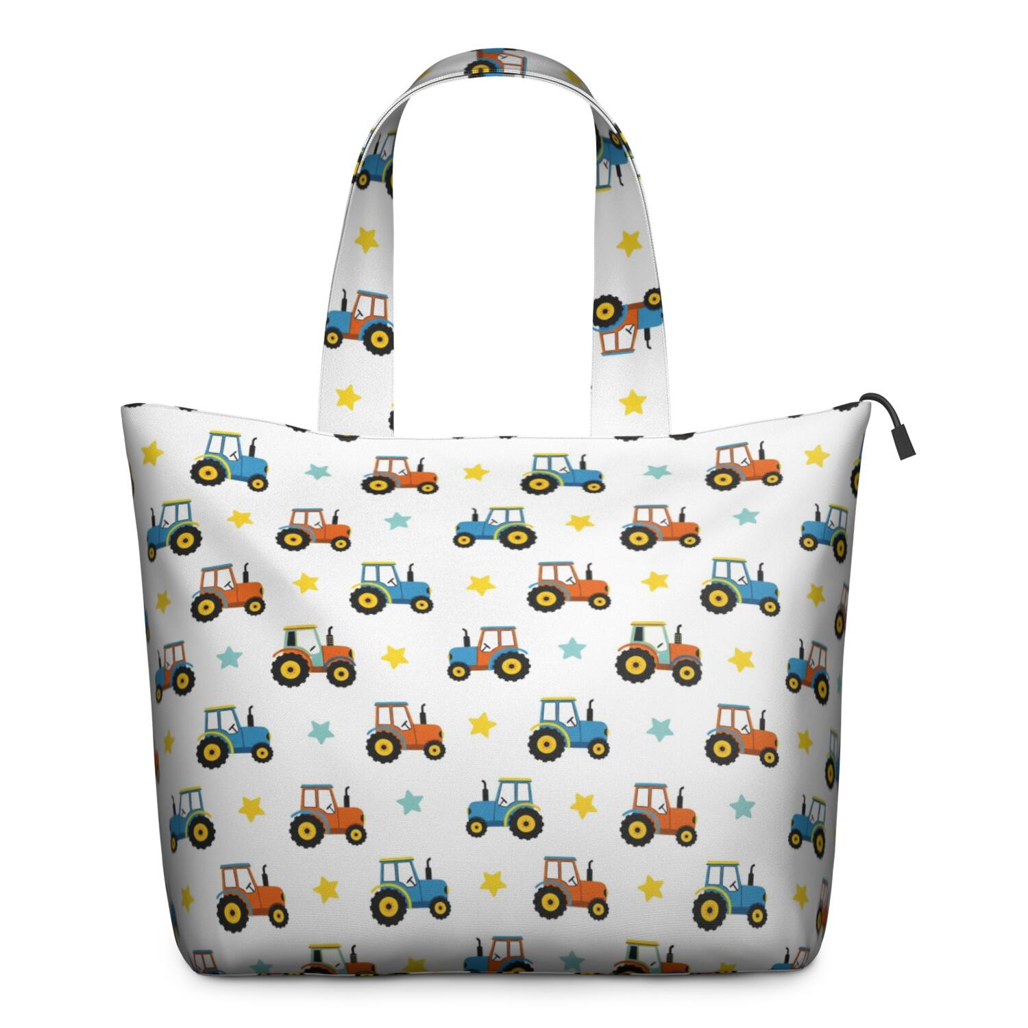 Cartoon Tractors Stars White Pattern Travel Tote Bags for Women Carry On,Large Weekender Bags for Women Travel,Multi Functional Duffle Bag for Work,Shopping,Sports