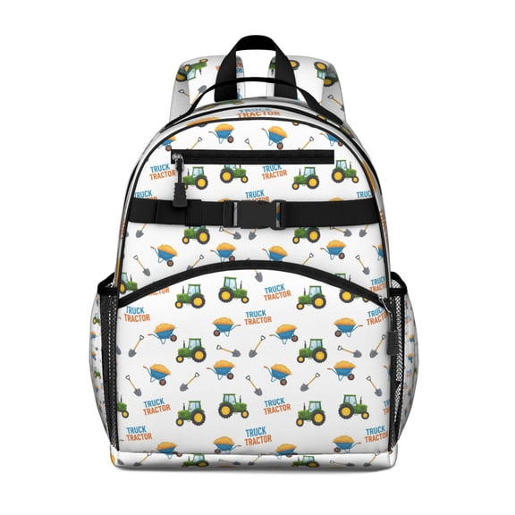 Cartoon Tractors Wheelbarrows White Pattern Backpack for School,Cute School Bag,Schoolbag with Adjustable Shoulder Straps & Padded Back,15.25"x11.5"x5.25"
