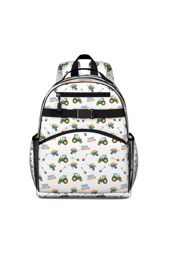 Cartoon Tractors Wheelbarrows White Pattern Backpack for School,Cute School Bag,Schoolbag with Adjustable Shoulder Straps & Padded Back,15.25"x11.5"x5.25"