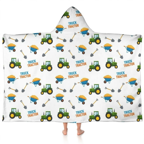 Cartoon Tractors Wheelbarrows White Pattern Hooded Bath Towel,60"x35" for Ages 3 To 12 Kids, Quick Dry Lightweight Soft Microfiber Hood Beach Towel Cover Up for Kids