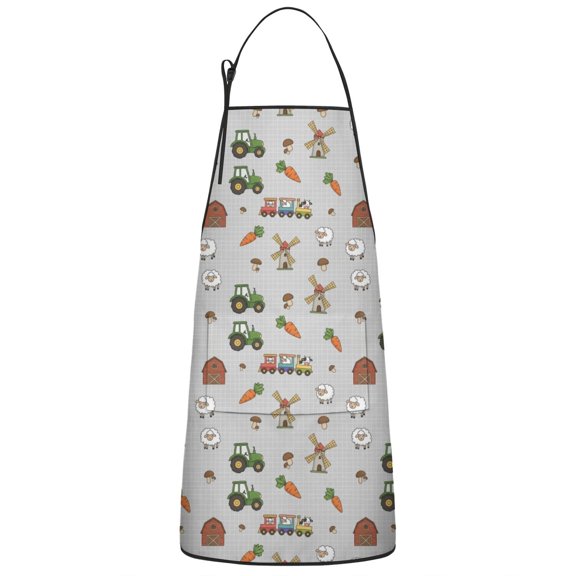 Cartoon Tractors Windmills Gray Pattern Apron-Garden Aprons for Women with Pockets-Cotton Linen Waterproof Kitchen Cooking Gardening Aprons Adjustable for Kitchen,Cooking,BBQ and Salon 33x27 Inch