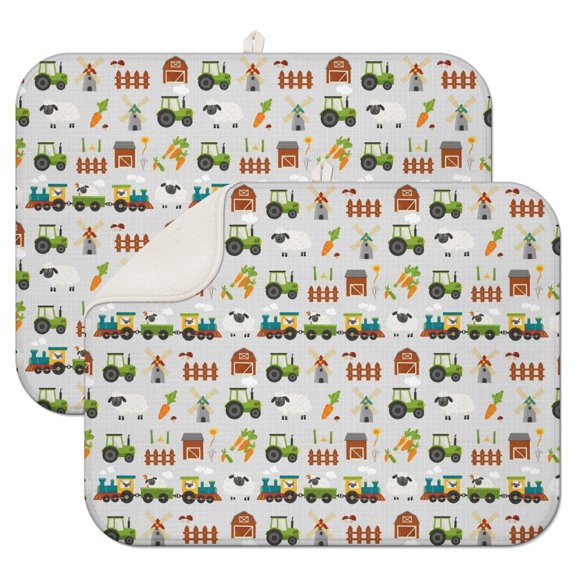 Cartoon Tractors Windmills Light Gray Pattern Dish Drying Mat for Kitchen 1 Pack, Ultra Absorbent Microfiber Dishes Drainer Mats,18"x24"
