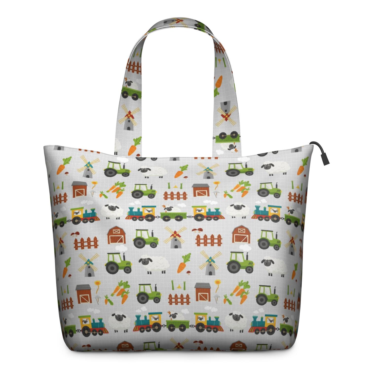 Cartoon Tractors Windmills Light Gray Pattern Travel Tote Bags for Women Carry On,Large Weekender Bags for Women Travel,Multi Functional Duffle Bag for Work,Shopping,Sports