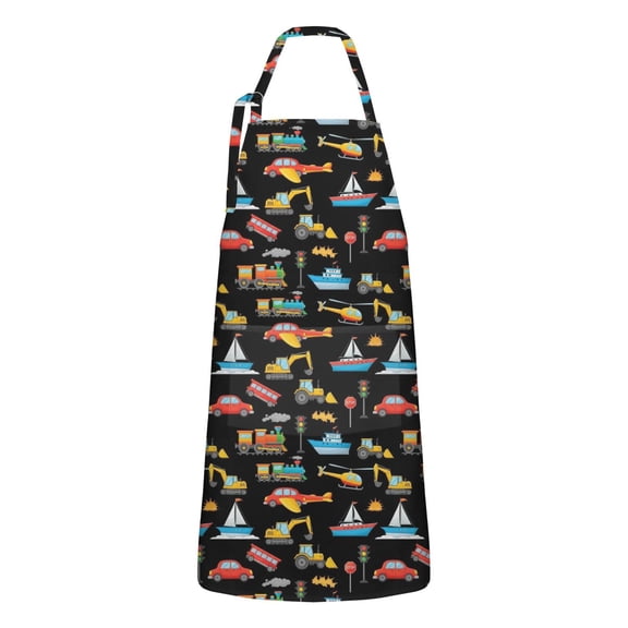Cartoon Traffic Vehicles Boats Black Apron-Garden Aprons for Women with Pockets-Cotton Linen Waterproof Kitchen Cooking Gardening Aprons Adjustable for Kitchen,Cooking,BBQ and Salon 33x27 Inch