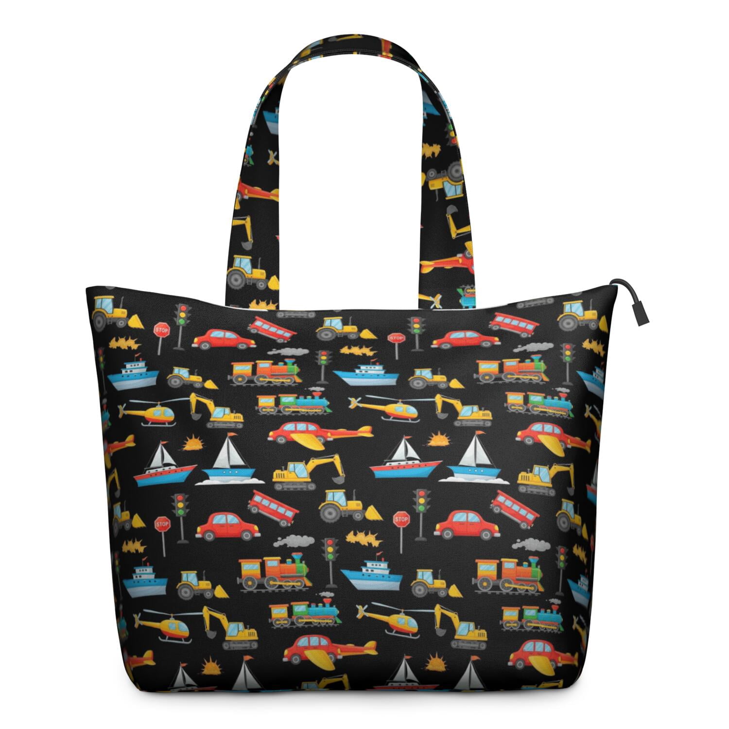 Cartoon Traffic Vehicles Boats Black Pattern Travel Tote Bags for Women Carry On,Large Weekender Bags for Women Travel,Multi Functional Duffle Bag for Work,Shopping,Sports
