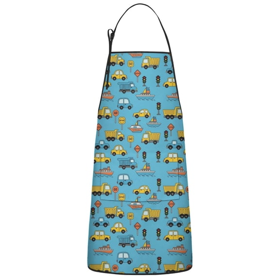 Cartoon Traffic Vehicles Boats Light Blue Apron-Garden Aprons for Women with Pockets-Cotton Linen Waterproof Kitchen Cooking Gardening Aprons Adjustable for Kitchen,Cooking,BBQ and Salon 33x27 Inch